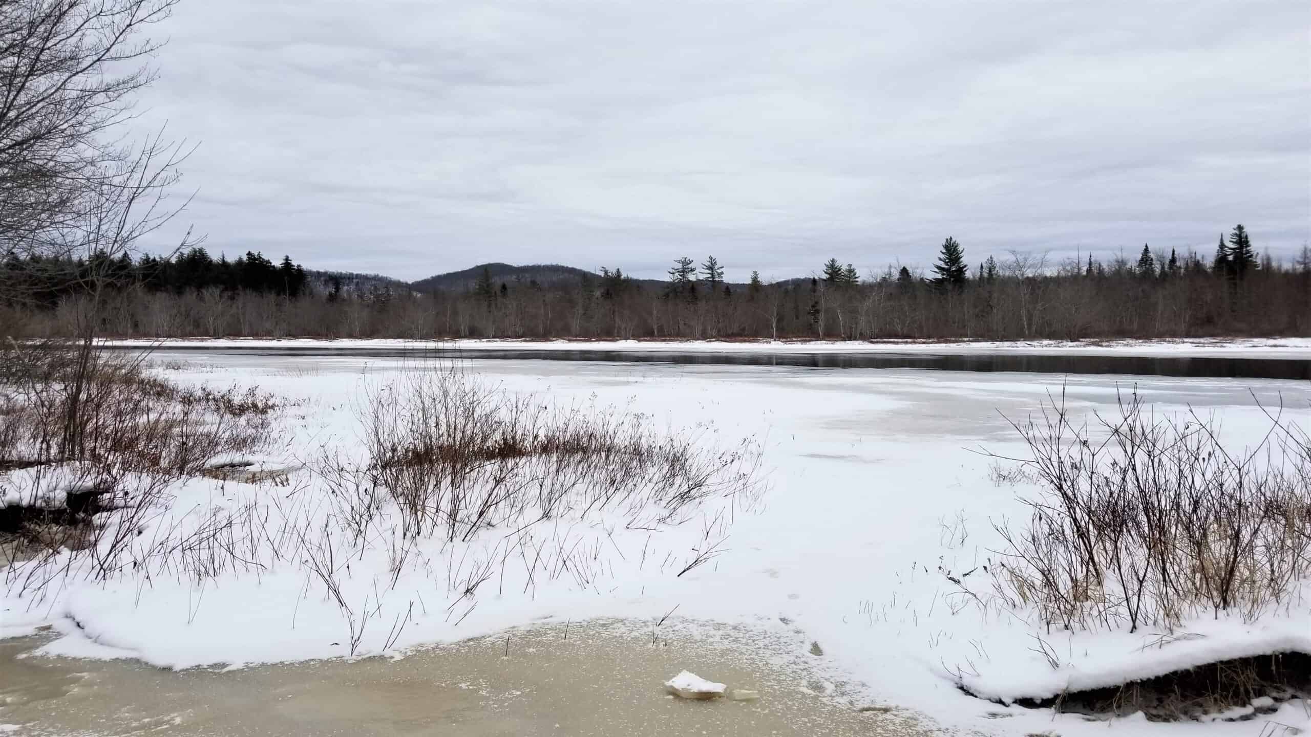 A view of the Sacandaga River, taken from along the boardwalk of the Sacandaga River Parkway. The photo is taken in winter, and the ground is covered with snow, the leaves of the trees are bare, and the river is iced over.