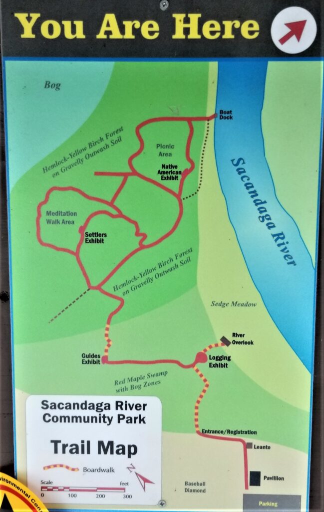 A map of the Sacandaga River Pathway in Speculator, New York. The map has a red line which marks the trail. The various environmental zones, such as Sage Meadow, Hemlock-Yellow Birch Forest, and Red Maple Swamp, are marked as well.