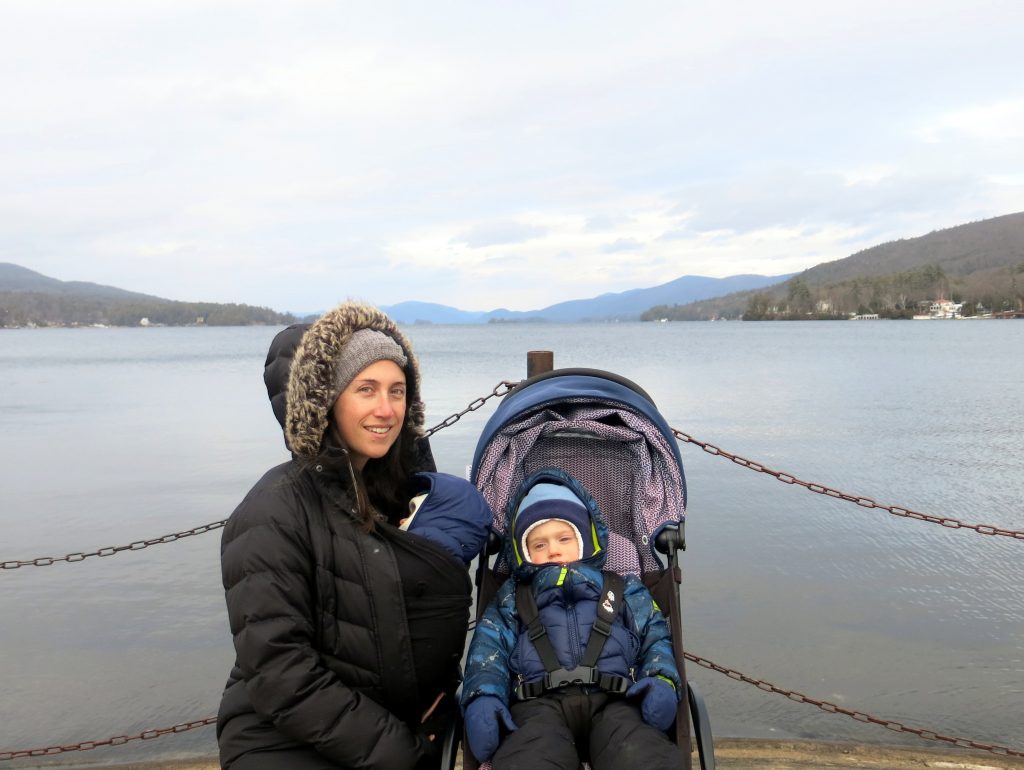 Mom and kids in front of Lake George.