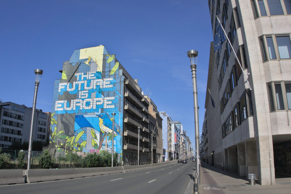 Image of mural on the side of a building in Brussels, Belgium, reading, "The future is Europe." 