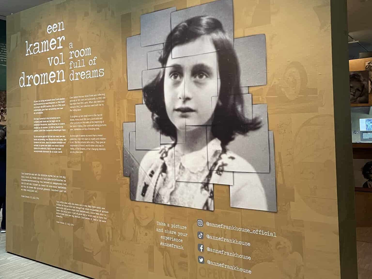 Photo of Anne Frank on poster inside the Anne Frank House.