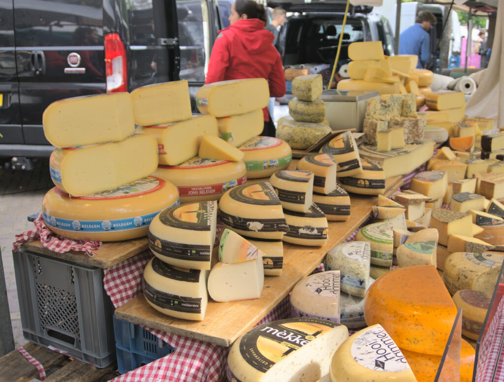 Dutch cheeses for sale at the Amsterdam Noordermarkt.