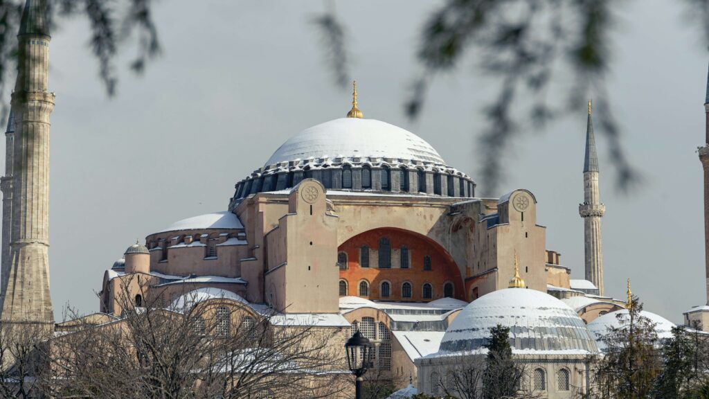 The Hagia Sophia blanketed in a layer of snow.