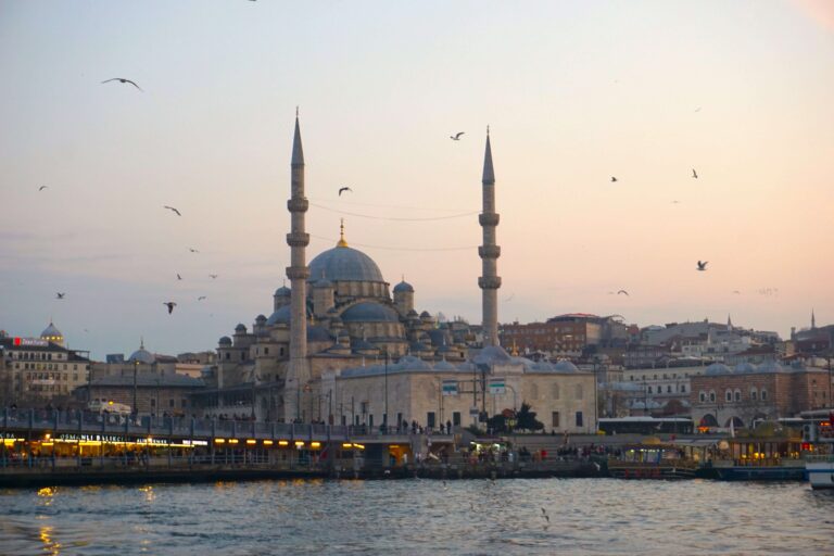 mosque in istanbul at sunset, viewed from the bosphorus river. birds circle the minarets of the mosque.