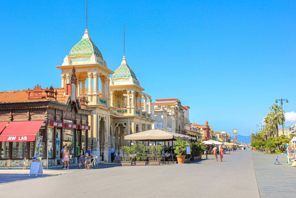 colorful buildings along a boardwalk.