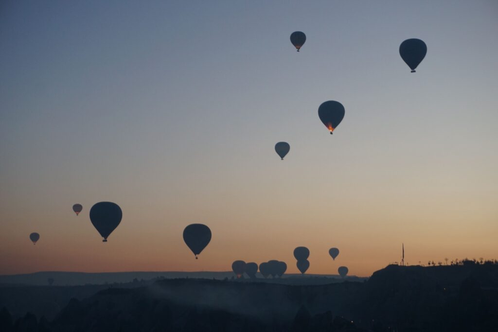 hot air balloons at sunrise