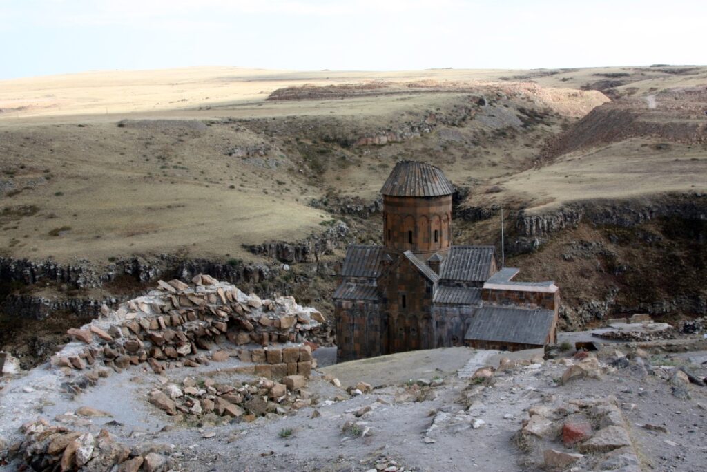 Old Armenian church in a barren landscape.