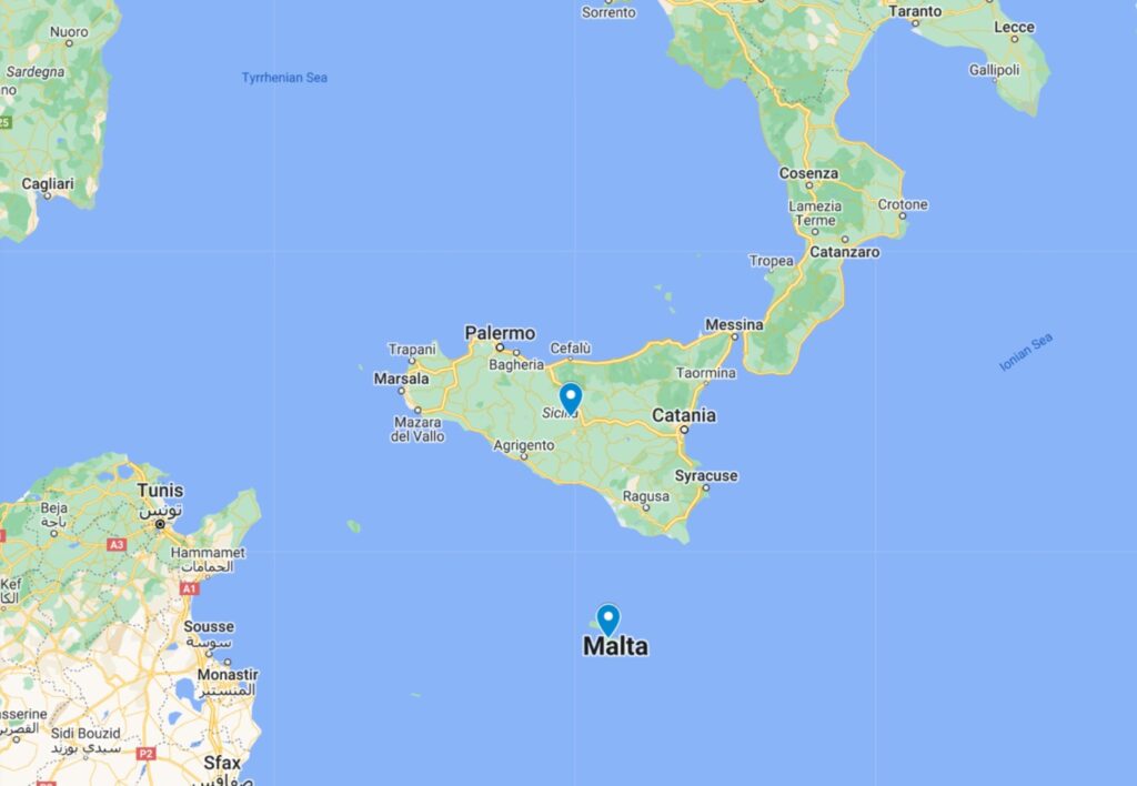 google map of malta in the mediteranean, showing tis close proximity to sicily and tunisia.