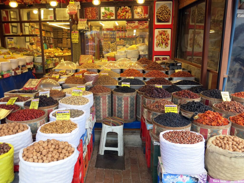 Nuts Dried Fruits And Spices For Sale in a shop in Turkey.