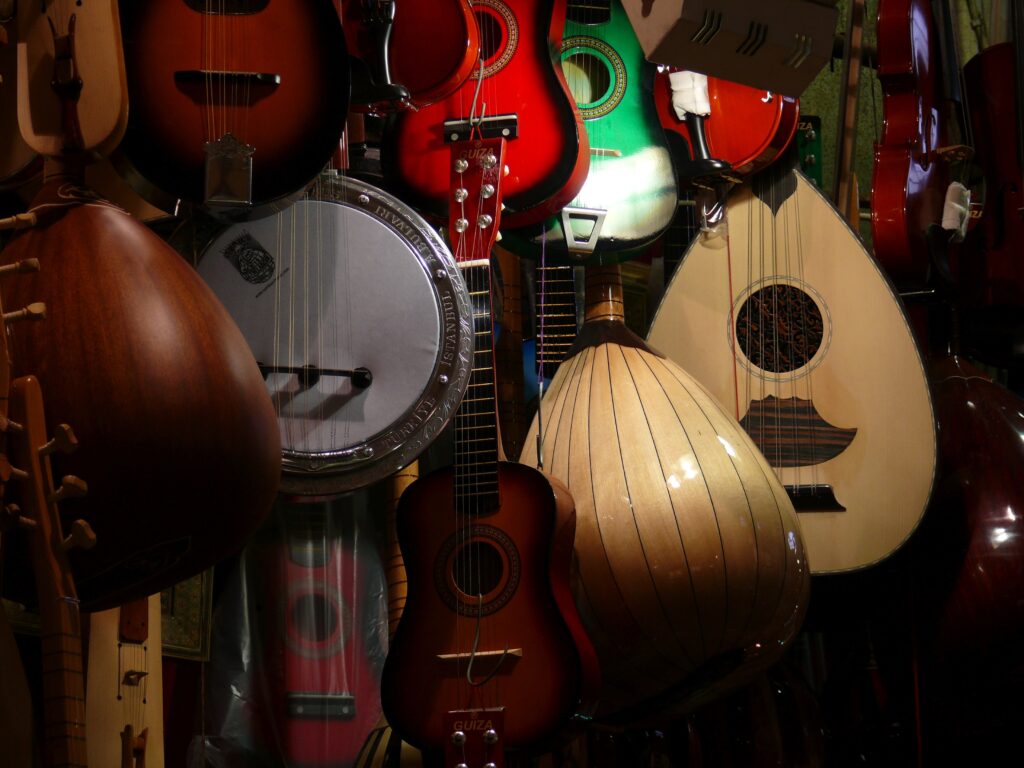 traditional Turkish Instruments hanging on display at a shop.