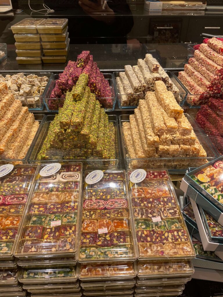 Turkish Delight, or lokum, for sale at a Turkish sweets shop.