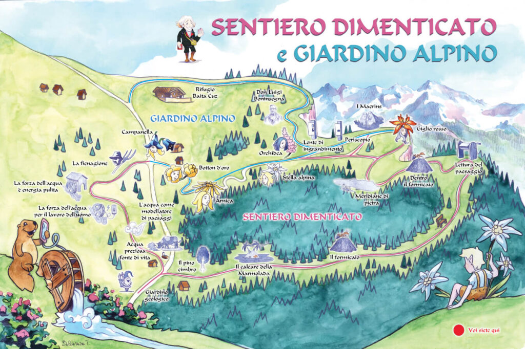 Illustrated map of a hiking trail in the Dolomites, depicting various points of interest and natural elements, such as huts, flowers, and animals, with labels like "SENTIERO DIMENTICATO" and "GIARDINO ALPINO". A cartoon figure of a hiker is at the bottom right, indicating 'You are here'. Perfect for planning a Dolomites 3 days itinerary with scenic routes and attractions.