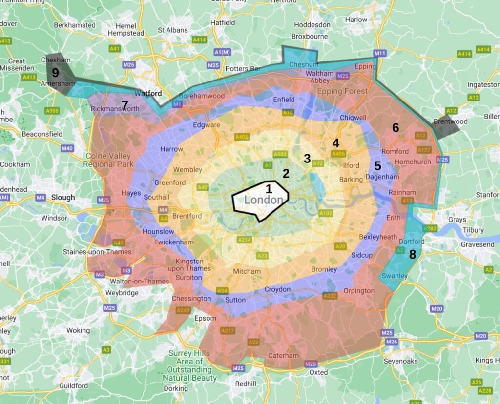 A color-coded map displaying the greater London area with different zones marked from 1 to 9, with the central zone labeled '1 London' and outlined areas extending to surrounding towns and regions.