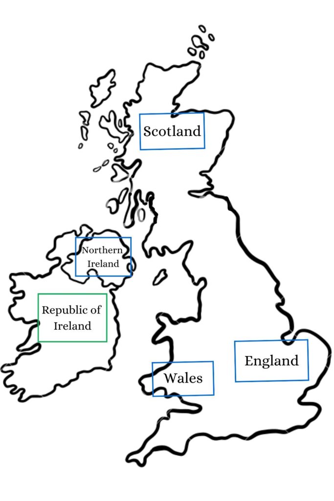 A simple black line drawing of the British Isles with labels over Scotland, Northern Ireland, Republic of Ireland, Wales, and England inside boxes, indicating their geographical locations.