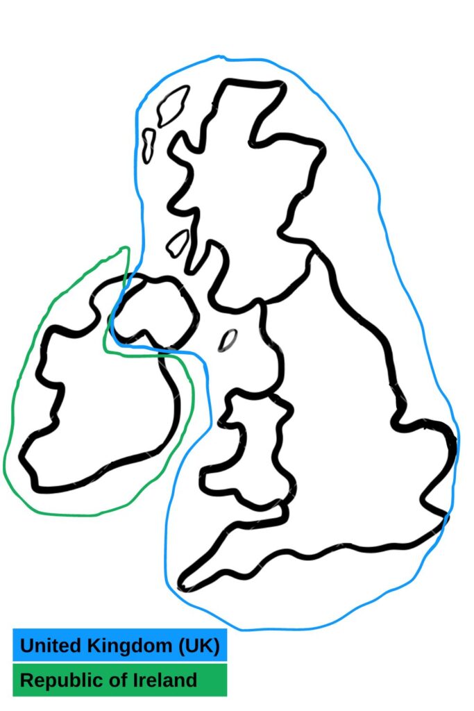 A childlike drawing of the British Isles, featuring outlines in black with the United Kingdom highlighted in blue and the Republic of Ireland in green, with corresponding labels below in blue and green boxes.