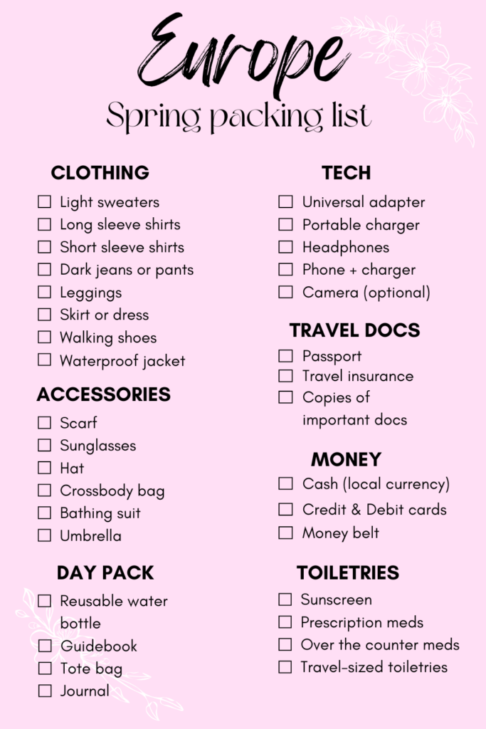 a checklist with a pink background, titled "Europe spring packing list". The list contains items to pack when visiting Europe in spring, separated into 7 categories: Clothing, Tech, Accessories, Travel docs, Money, Toiletries, and Day Pack.