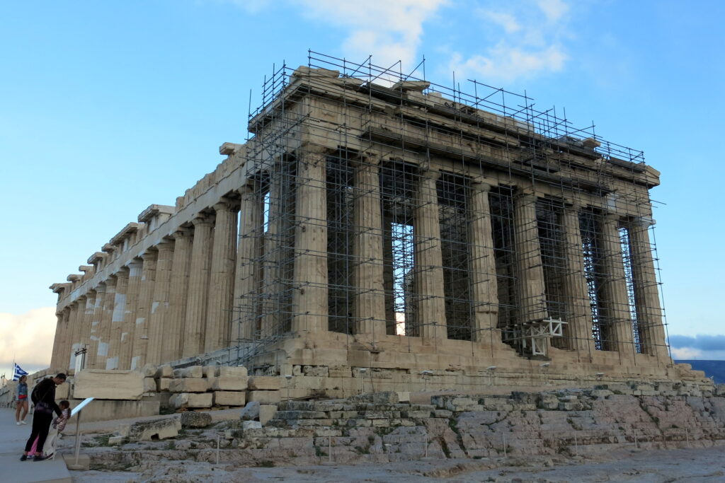 The Parthenon in Athens, covered in scaffolding.