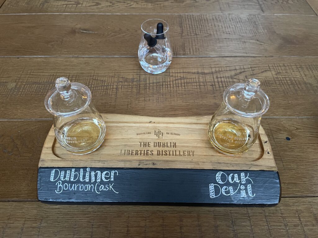 Whiskey tasting flight from Dublin Liberties Distillery. Dubliner Bourbon Cask and Oak Devil whiskey.