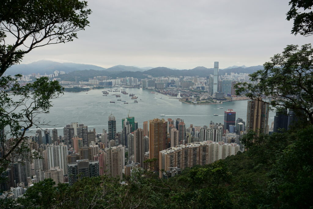 City skyline of Hong Kong viewed from a hillside overlook with dense high rise apartment buildings stretching along the waterfront. Victoria Harbour is filled with boats and ships and framed by green trees in the foreground with hazy mountains in the distance under a cloudy sky.